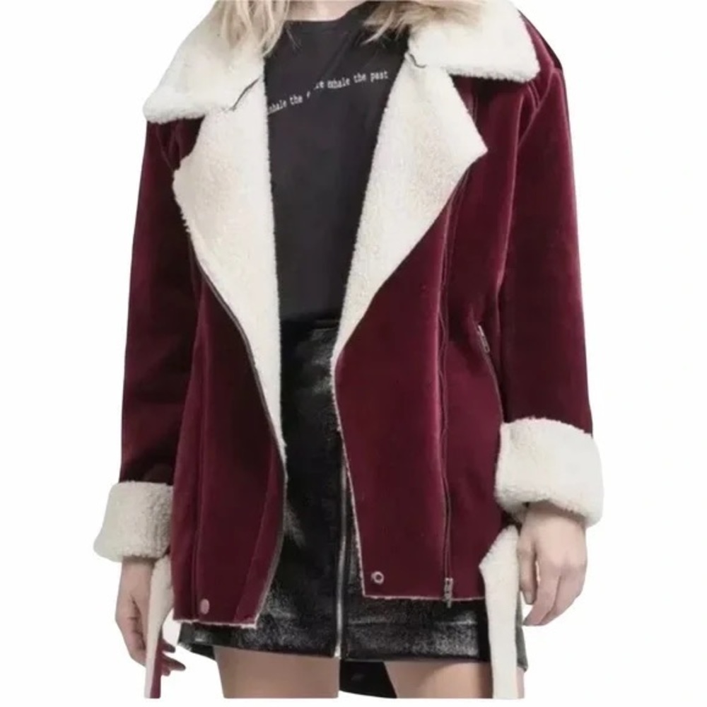 NWT J.O.A Velvet Aviator Jacket Shearling Sherpa Lining Size Small Burgundy